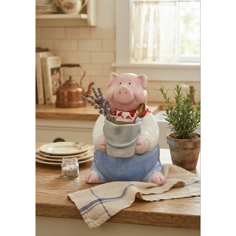 Vintage McCoy Ceramic Pig Teapot Mid Century Farmhouse Decor Blue Overalls